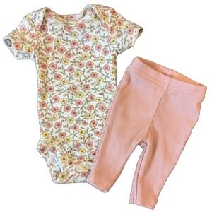 Carters Baby Outfit Girl Preemie Floral Short Sleeved Bodysuit Pink Ribbed Pants